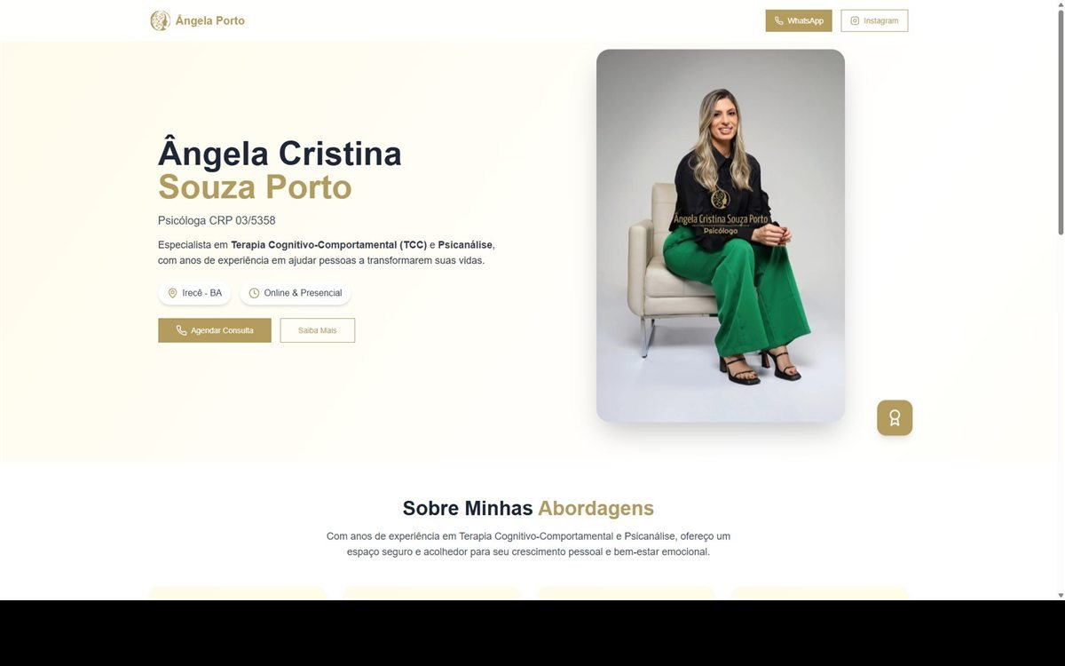 Página inicial do site da psicóloga Ângela Porto, com destaque para TCC e psicanálise